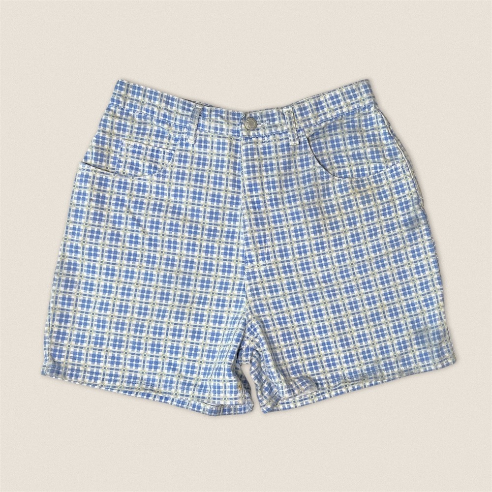 Vintage 90s High Waisted Plaid Cotton Summer Shorts Blue White Honors - Size 12
